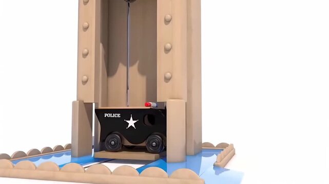 Black toy police car on a wooden playset track, 3D animated children's emergency vehicle concept