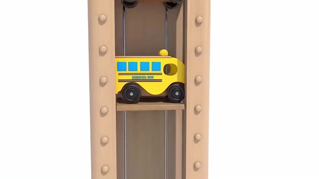 Wooden toy vehicle elevator with empty track, 3D animated children's playset concept