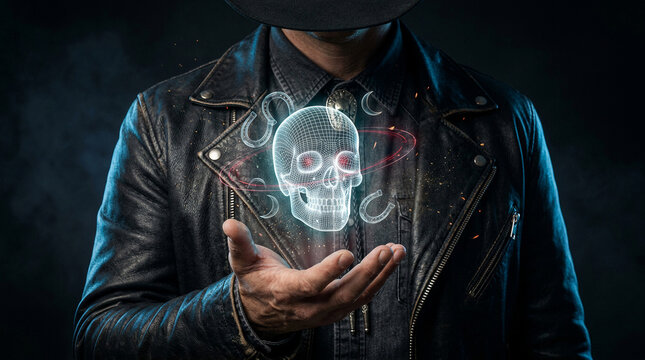 A mysterious figure in a fedora and leather jacket conjures a glowing digital skull, symbolizing a haunting cyber threat or spooky halloween mystery