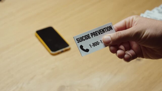 Close-up of a hand holding a suicide prevention hotline card with smartphone in the background. Concept of crisis support, mental health awareness, emergency assistance, counseling suicide prevention