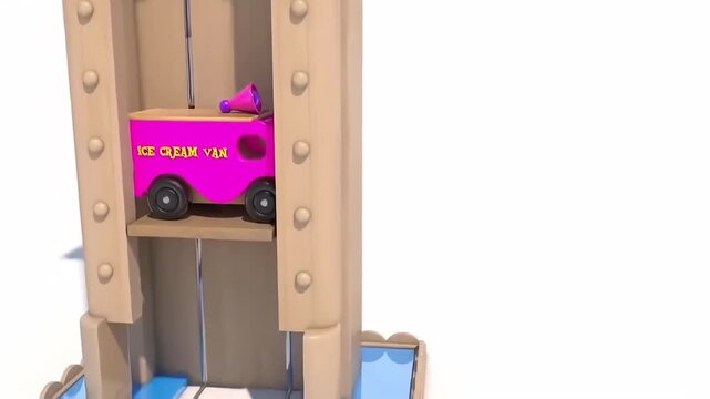 Pink toy ice cream van on a wooden playset track, 3D animated children's vehicle concept