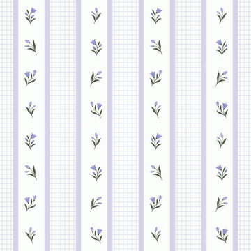 Cute Purple Lavender Floral Seamless Pattern with Vertical Grid Stripes for Vintage Dainty Baby Fabric and Gift Wrap Paper Design