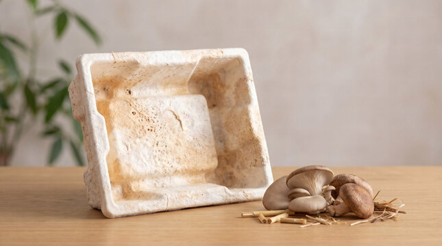 Empty biodegradable mycelium packaging tray with fresh oyster