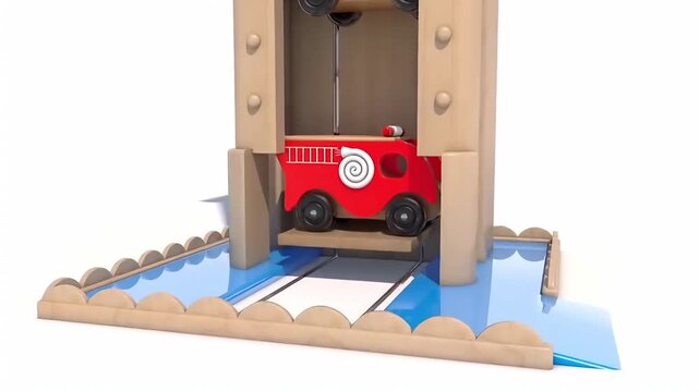 Red toy fire truck moving through a wooden playset track, 3D animated children's vehicle concept