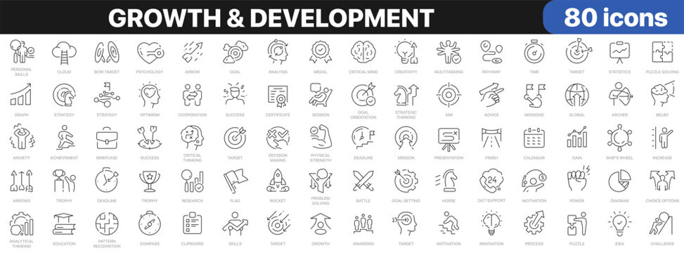 Growth and development icon set with goals, strategy, success, motivation, skills, achievements, planning, innovation, progress and personal improvement symbols in linear style