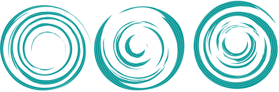 Set of three abstract turquoise sunburst and spiral circular logos featuring dynamic curved rays arranged around clean circular centers