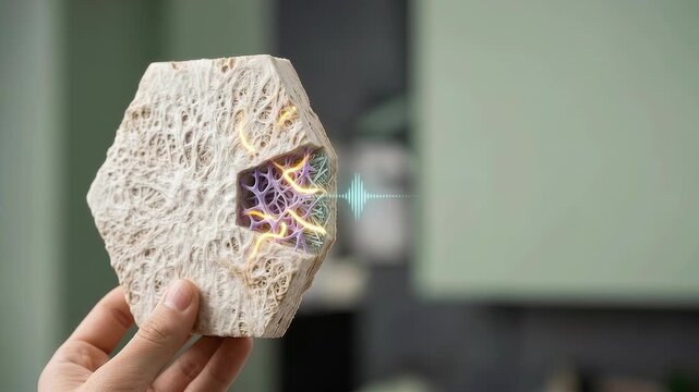 Hand Tilting Mycelium Acoustic Tile Seamless Loop, Bio-Based Material Innovation Sound Absorption Visualization for Sustainable Corporate Presentation Background.