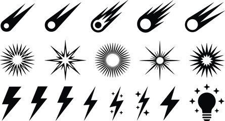 Celestial space and energy vector icons set featuring falling comet stars meteor lightning flash bulb graphic elements © MSTFAHMIDA
