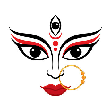 traditional goddess durga eyes with third eye bindis red accents golden nose ring and lips in a clean minimalist navratri vector artwork