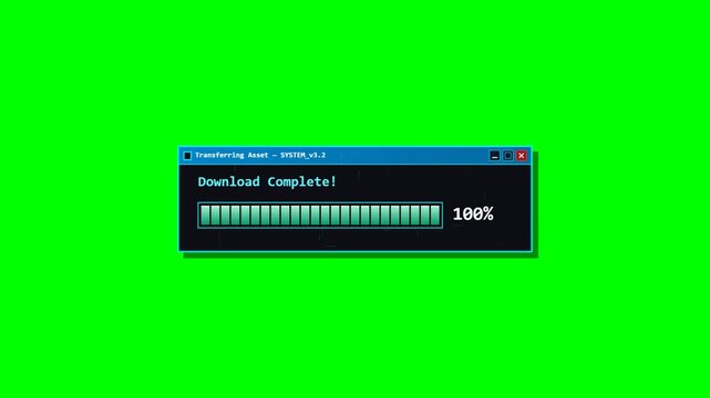 Vintage 90s computer desktop downloading pop-up dialog window with segmented progress bar and percentage counter. Seamless loop animation on chroma key green screen.