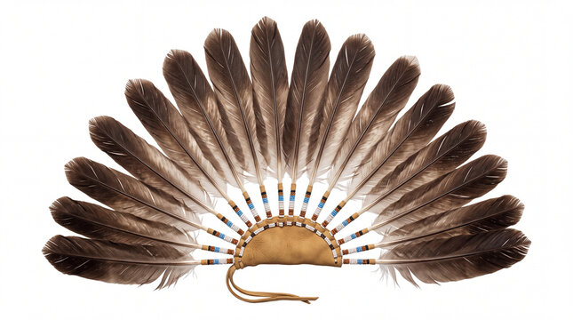 Native American ceremonial fan made of brown bird feathers and handcrafted beaded leather base
