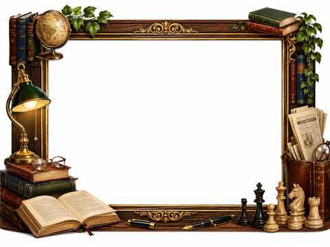 Elegant vintage library frame with antique books, globe, desk lamp, newspapers, chess pieces and fountain pens surrounding a large white copy space.