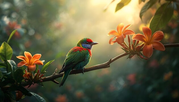 Photorealistic colorful tropical bird resting on a lush green branch surrounded by vibrant flowers and soft morning mist, natural feathers with extraordinary detail, warm sunlight filtering through fo