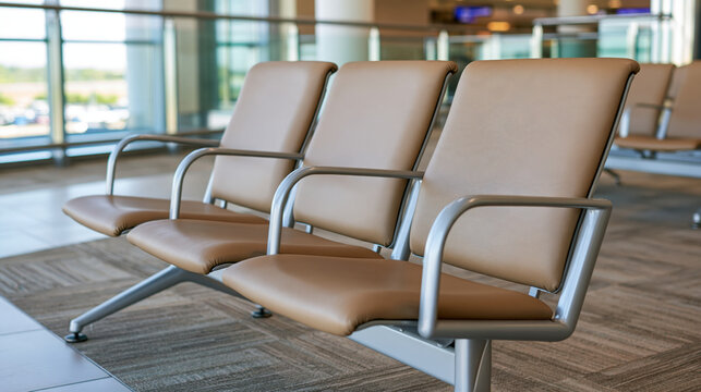 Airport chair row empty waiting chair row in modern airport departure lounge with beige seat and metal frame, quiet terminal interior