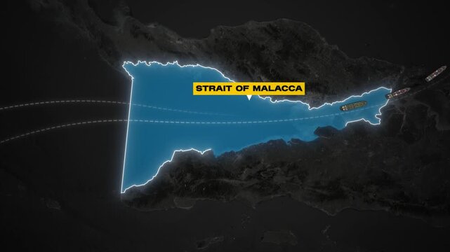 Strait of Malacca ships floating animation on blue waterway map