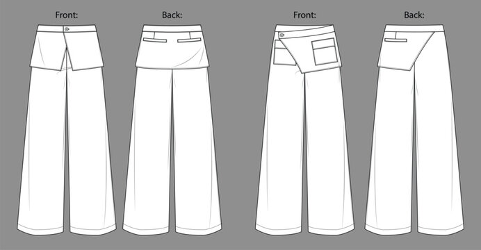 Wide leg culotte pants with wrap front overlay panel, back besom pockets and belt loops, front and back view technical flat sketch vector fashion template