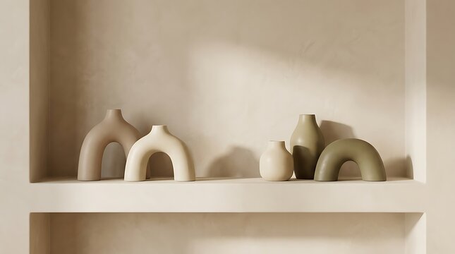Minimalist ceramic vases and arch shaped sculptures displayed on a modern built in wall shelf unit. calm logo header 