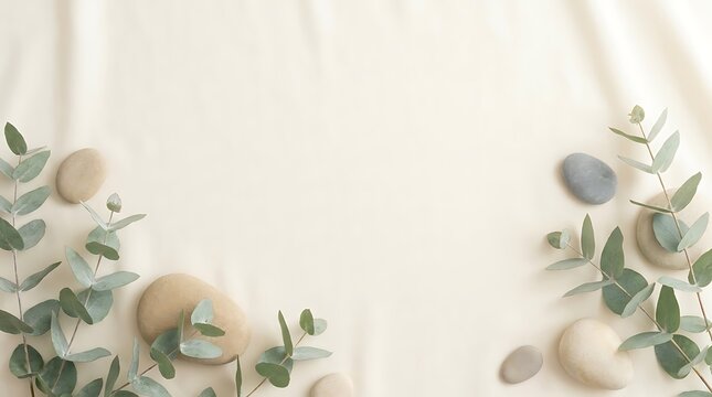 Natural spa background with green eucalyptus leaves and smooth zen stones for relaxation and wellness. calm logo header 