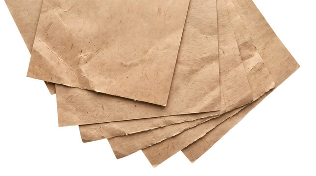 A stack of wrinkled brown recycled paper sheets isolated on transparent background