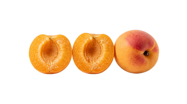 Fresh Ripe Whole Apricot and Juicy Cut Halves Isolated Cutout on White Background for Culinary Design