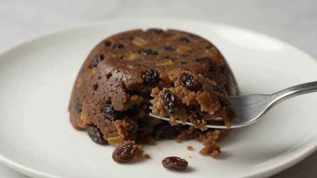 Metal Fork Breaks A Piece Off A Dark Fruit Pudding On A White Plate