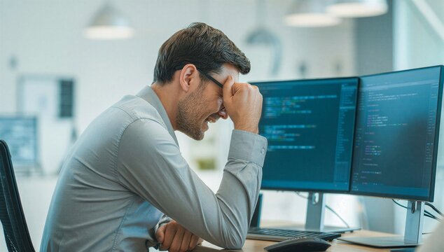 Stressed developer holds head before dual monitor displaying code, symbolizing debugging, bug fixing, and coding frustration.