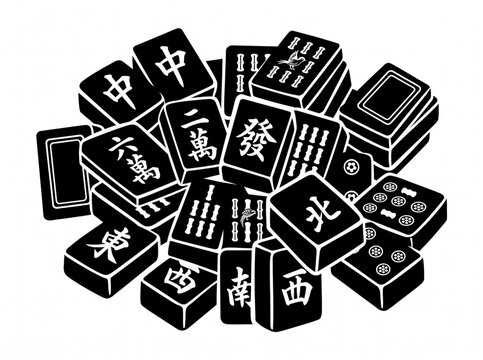 Black and white graphic illustration of a pile of mahjong tiles