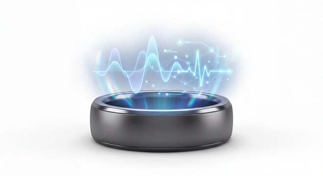 AI Smart Ring with Glowing Hologram Health Interface Isolated on White Background, Wearable Technology Concept