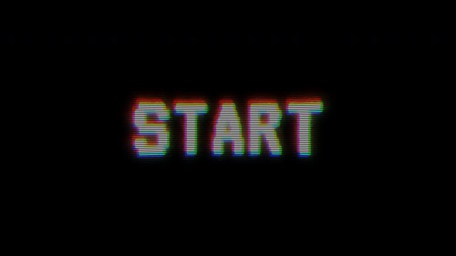 Dynamic retro start text animation featuring vhs digital errors. Vintage screen distortion glitch typography visual effect graphics. Cyberpunk interface chromatic aberration title intro motion design