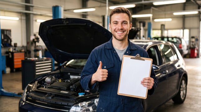 Smiling Mechanic Holding a Blank Clipboard With a Thumbs-Up Gesture