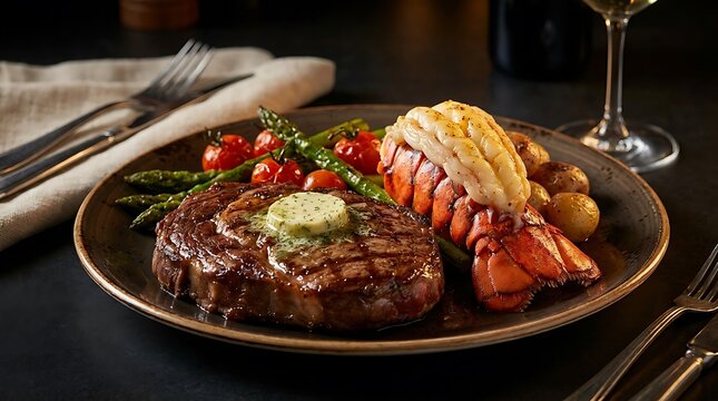 Delicious grilled beef steak and lobster tail surf and turf dinner served on a dark restaurant plate. lobster tail and steak