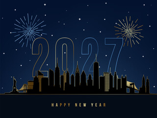 Fototapeta premium New York Happy New Year 2027 skyline with large outlined numbers, gold fireworks and stars. Night vector card.