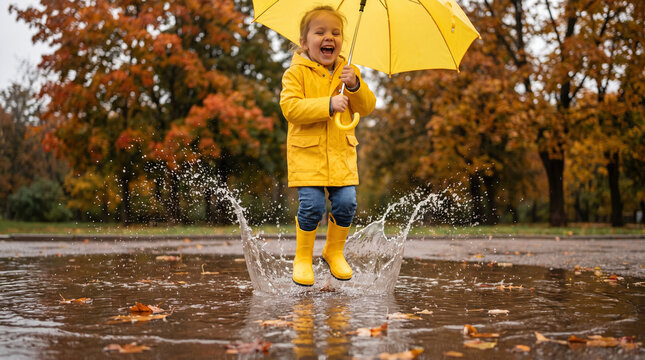 Child jumping in puddles with yellow umbrella in autumn park  