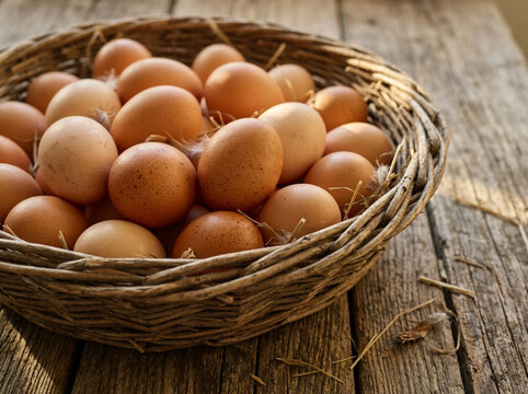 Rustic Wicker Basket Filled with Organic Brown Farm Eggs, Photorealistic Image