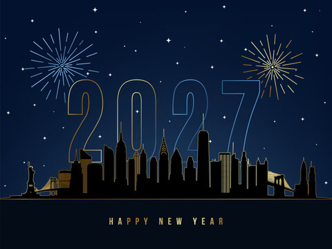 New York Happy New Year 2027 skyline with large outlined numbers, gold fireworks and stars. Night vector card.