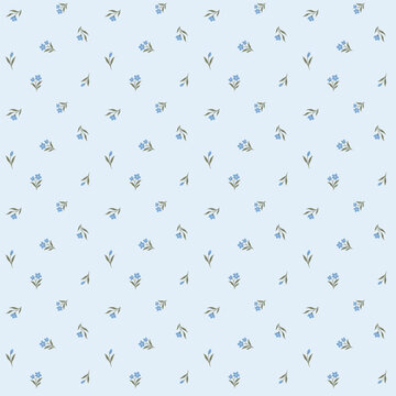 Soft Pastel Blue Dainty Floral Seamless Pattern for Vintage Baby Nursery Wallpaper, Bedding Textile and Fabric Design