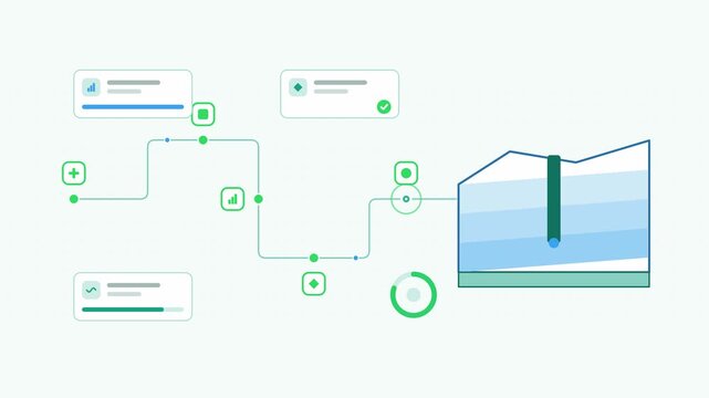 Animated ice sheet monitoring measurement visualised as a process chain in a modern flat vector style. Smooth looping 4K motion graphic with soft blue and azure colours, floating interface cards and f