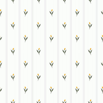 Minimalist Yellow Tulip Floral Seamless Pattern with Vertical Pin Stripe Lines for Clean Modern Baby Fabric and Wallpaper