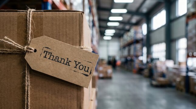 Cardboard shipping box tied with twine and kraft tag in busy warehouse with shelving, logistics and customer appreciation concept