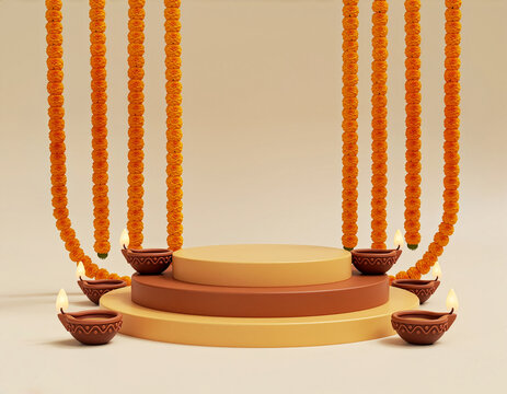Diwali Decoration With Marigold Garlands And Lit Clay Diyas Framing Festive Display Podium