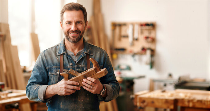 Smiling carpenter holding wooden hand planes in bright woodworking workshop, craftsmanship and small business concept