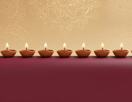 Row of Lit Diya Oil Lamps for Diwali Celebration With Decorative Mandala Background
