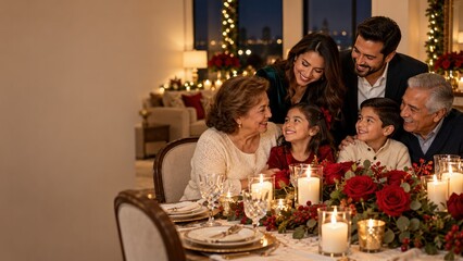 Fototapeta premium Multigenerational family celebrating Christmas dinner at home, festive gathering with copy space