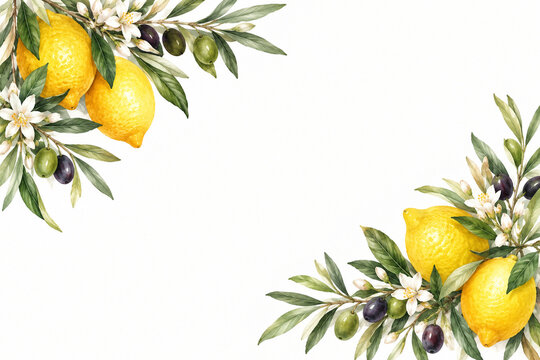 Lemons and olive branches around an empty center
