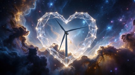 Fototapeta premium Wind turbine stands inside glowing geometric heart shape against cosmic nebula background. Sustainable renewable energy concept shows love for planet earth. Clean green tech symbol represents ecology