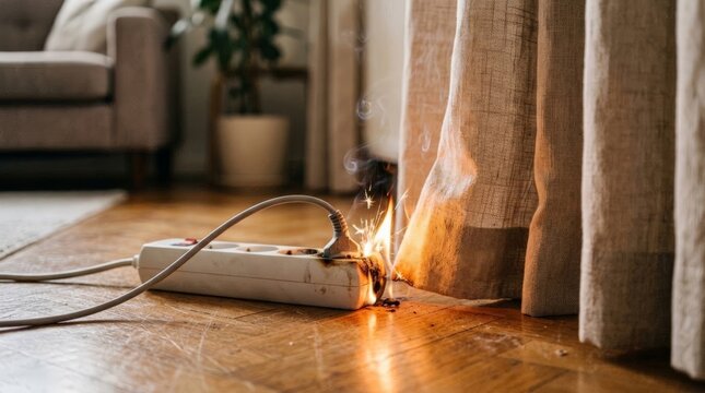 An electric burn causes sparks and smoke to ignite a curtain near a faulty power strip lying on a wooden floor in a living room, highlighting a dangerous household hazard