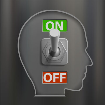 On, off switch toggle inside a human head. Vector illustration.
