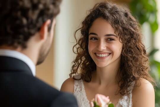 Smiling curly haired bride in a white wedding dress looking lovingly at her groom during ceremony