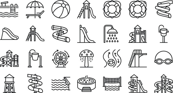 Water park icon set with swimming pool water slides diving board lounge chair beach ball lifebuoy playground outline vector graphic illustration pack