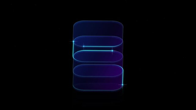 Futuristic database icon with glowing blue and purple neon lines, digital server storage symbol for cloud computing, abstract high-tech 3D data center